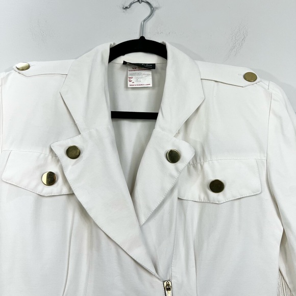 Vtg 80s 90s white power shoulder fringe sleeve military western peplum jacket 3 - Picture 5 of 17